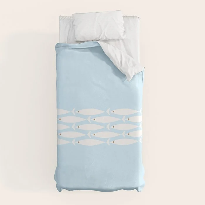 Coastal Minimalist Mid Century Modern Fish in Cool Light Blue White Brown Duvet Cover
