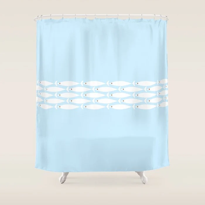 Coastal Minimalist Mid Century Modern Fish in Cool Light Blue White Brown Shower Curtain
