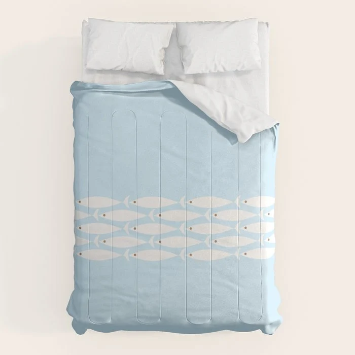 Coastal Minimalist Mid Century Modern Fish in Cool Light Blue White Brown Comforter