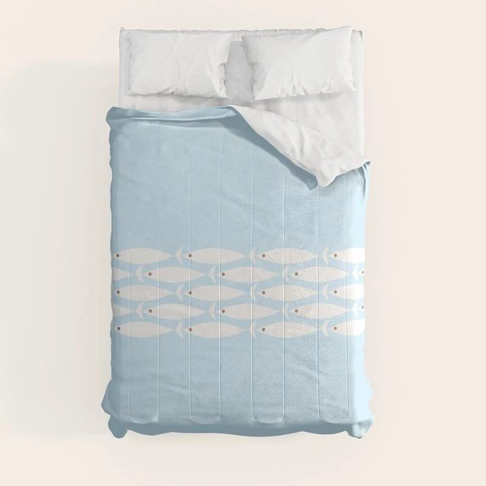 Coastal Minimalist Mid Century Modern Fish in Cool Light Blue White Brown Comforter