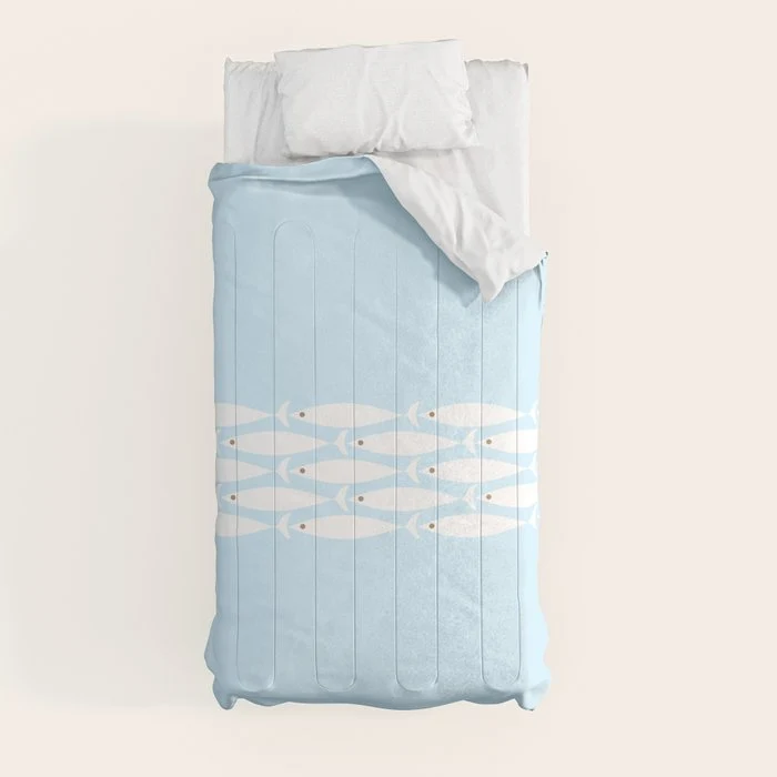 Coastal Minimalist Mid Century Modern Fish in Cool Light Blue White Brown Comforter