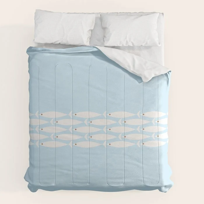 Coastal Minimalist Mid Century Modern Fish in Cool Light Blue White Brown Comforter