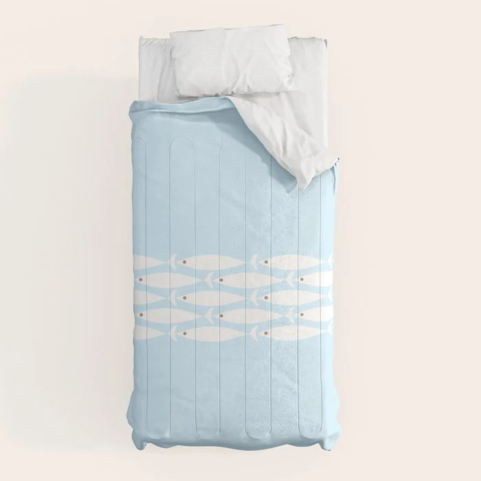 Coastal Minimalist Mid Century Modern Fish in Cool Light Blue White Brown Comforter
