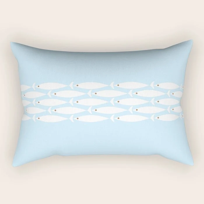 Coastal Minimalist Mid Century Modern Fish in Cool Light Blue White Brown Rectangular Pillow