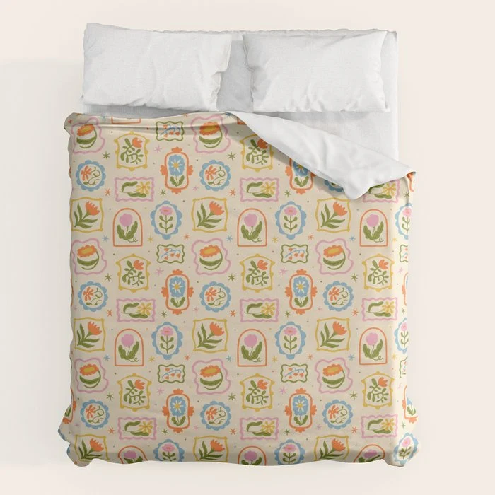 Colorful retro flower art frame art pattern Duvet Cover