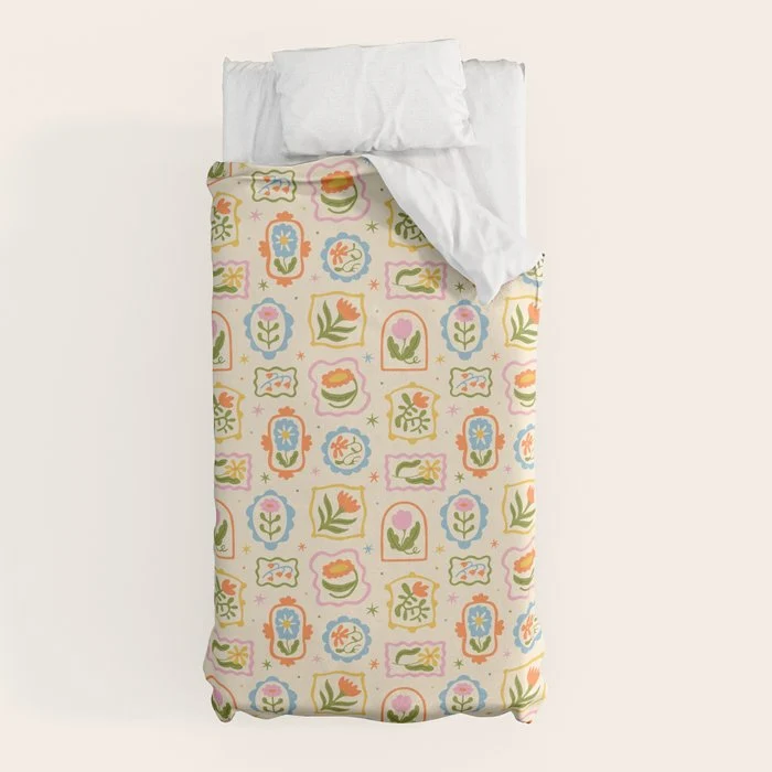 Colorful retro flower art frame art pattern Duvet Cover