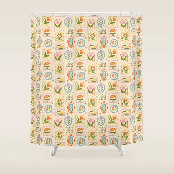 Colorful retro flower art frame art pattern Shower Curtain