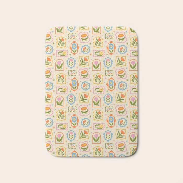 Colorful retro flower art frame art pattern Bath Mat