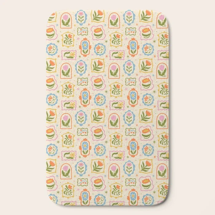 Colorful retro flower art frame art pattern Bath Mat