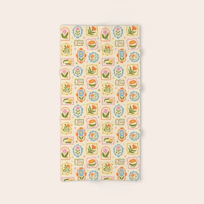Colorful retro flower art frame art pattern Bath Towel