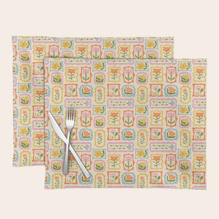 Vintage colorful flower art frame pattern Placemat