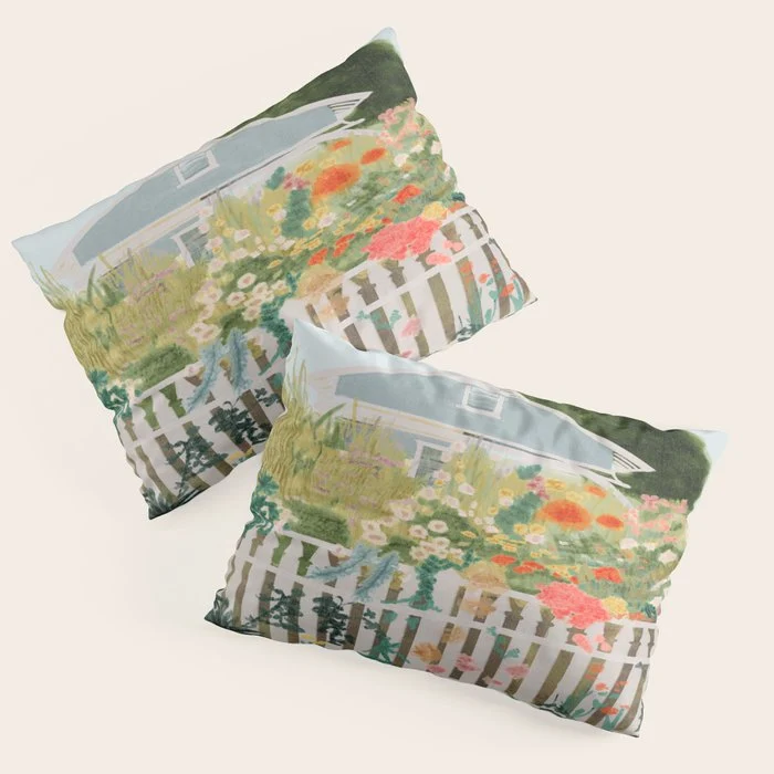 A Postcard From Cozy - mixed media Garden Illustration Pillow Sham