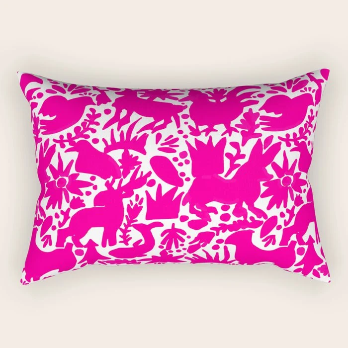 Hot Pink Otomi Bright Pattern Rectangular Pillow