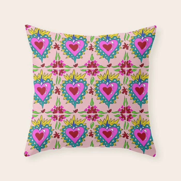 Hot Pink Sacred Hearts Throw Pillow