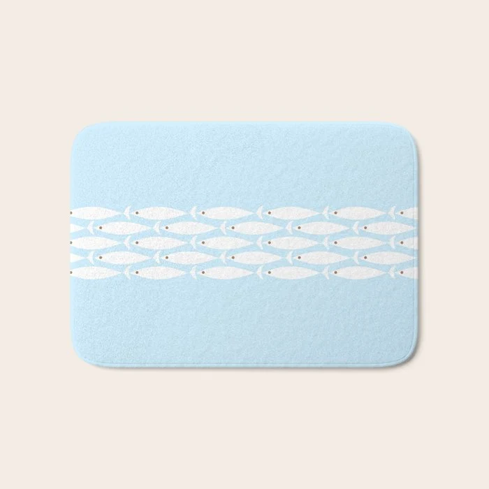 Coastal Minimalist Mid Century Modern Fish in Cool Light Blue White Brown Bath Mat