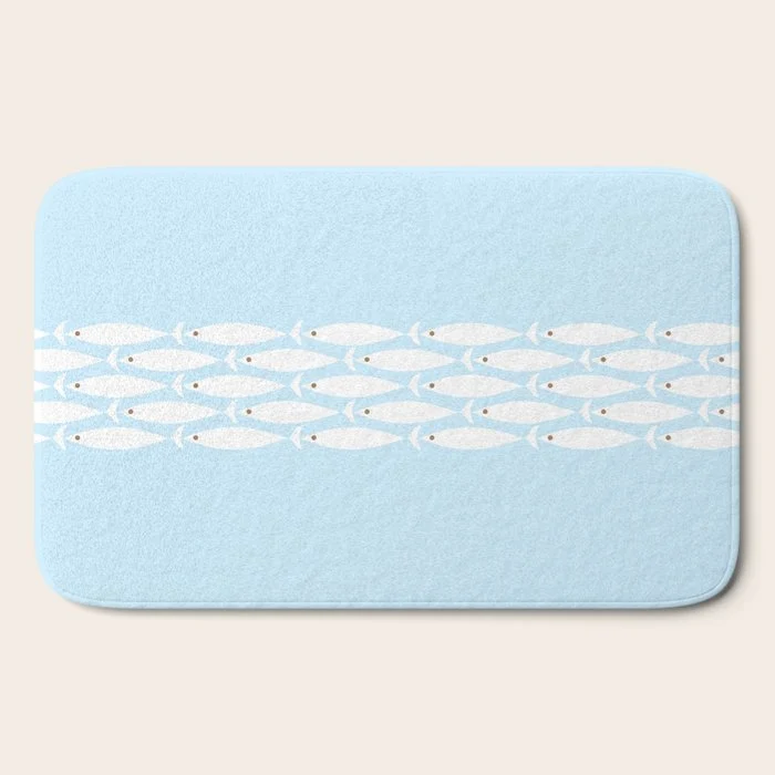 Coastal Minimalist Mid Century Modern Fish in Cool Light Blue White Brown Bath Mat