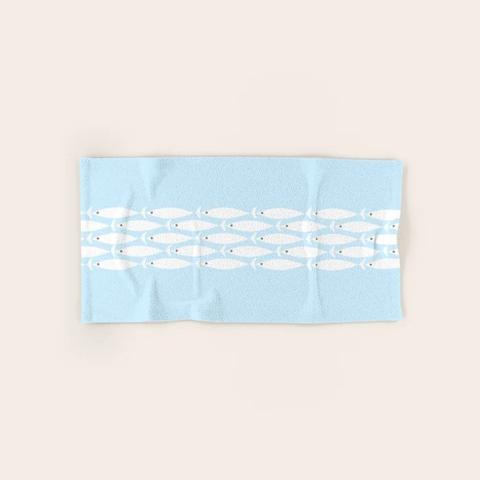 Coastal Minimalist Mid Century Modern Fish in Cool Light Blue White Brown Bath Towel