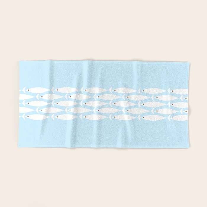 Coastal Minimalist Mid Century Modern Fish in Cool Light Blue White Brown Bath Towel