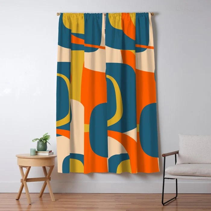 Mid Century Modern Retro Abstract Pattern Orange Blue Mustard Window Curtain