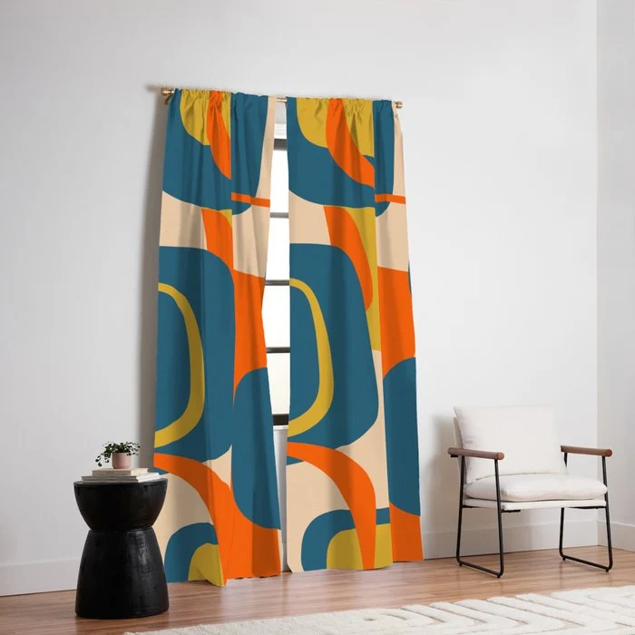 Mid Century Modern Retro Abstract Pattern Orange Blue Mustard Window Curtain