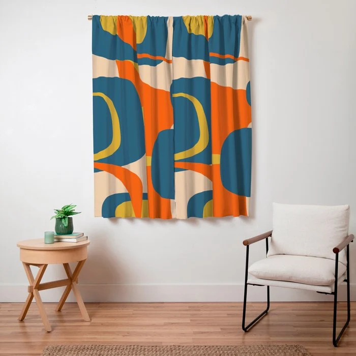 Mid Century Modern Retro Abstract Pattern Orange Blue Mustard Window Curtain