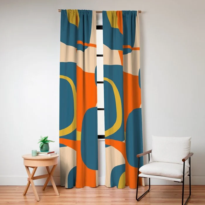 Mid Century Modern Retro Abstract Pattern Orange Blue Mustard Window Curtain