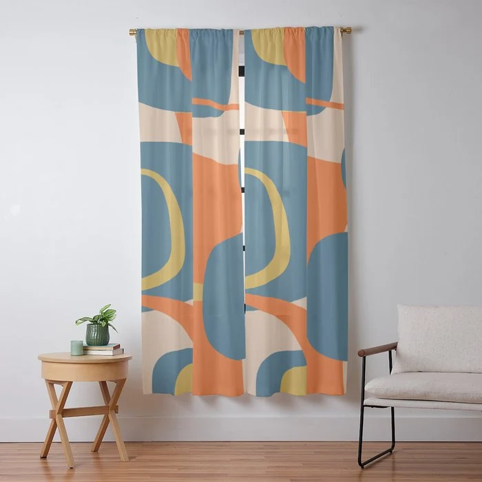 Mid Century Modern Retro Abstract Pattern Orange Blue Mustard Window Curtain