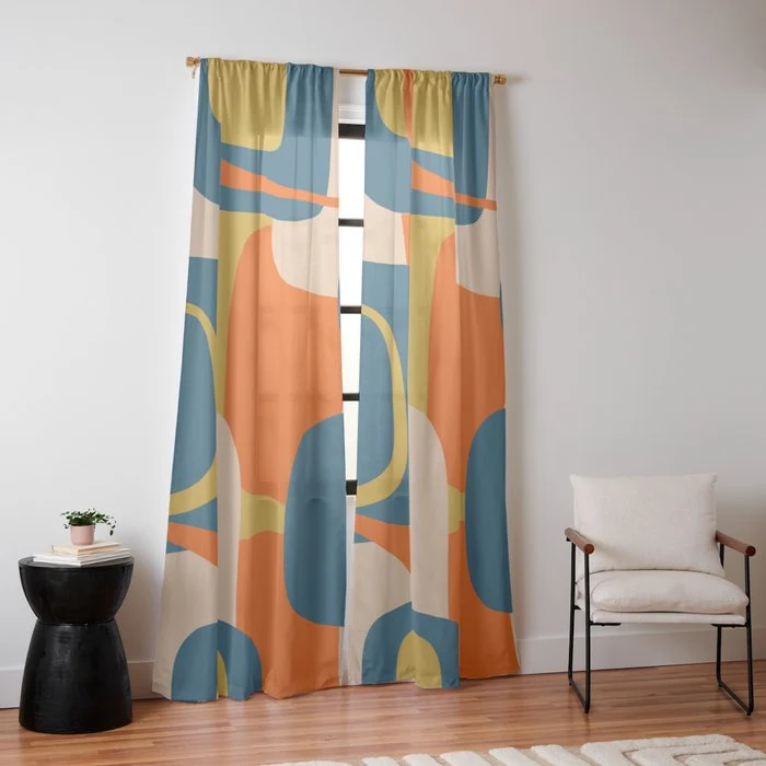 Mid Century Modern Retro Abstract Pattern Orange Blue Mustard Window Curtain