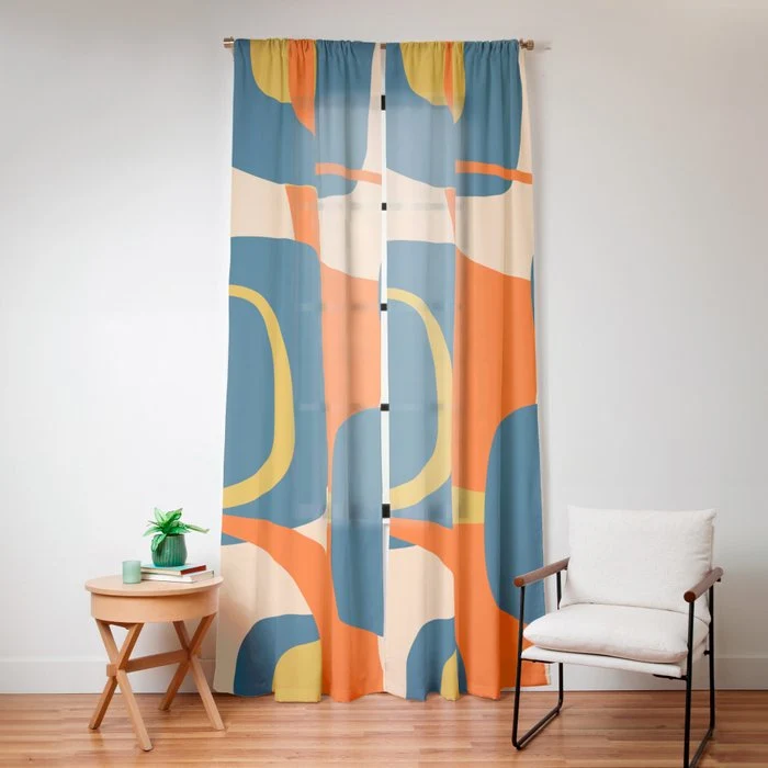 Mid Century Modern Retro Abstract Pattern Orange Blue Mustard Window Curtain