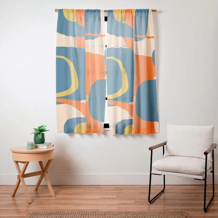 Mid Century Modern Retro Abstract Pattern Orange Blue Mustard Window Curtain
