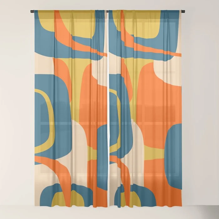 Mid Century Modern Retro Abstract Pattern Orange Blue Mustard Window Curtain
