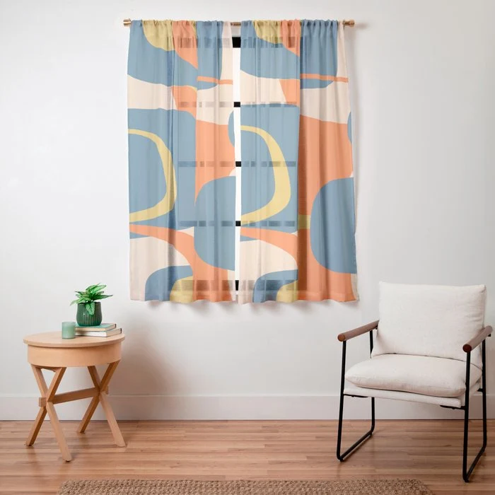 Mid Century Modern Retro Abstract Pattern Orange Blue Mustard Window Curtain