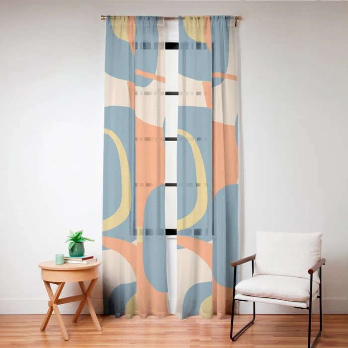 Mid Century Modern Retro Abstract Pattern Orange Blue Mustard Window Curtain