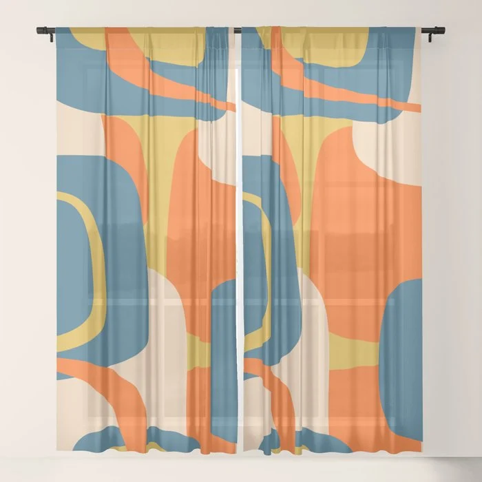 Mid Century Modern Retro Abstract Pattern Orange Blue Mustard Window Curtain
