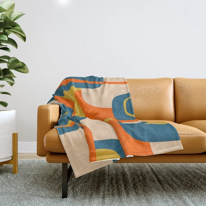 Mid Century Modern Retro Abstract Pattern Orange Blue Mustard Throw Blanket
