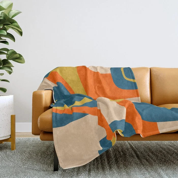 Mid Century Modern Retro Abstract Pattern Orange Blue Mustard Throw Blanket