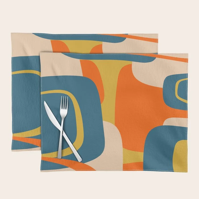 Mid Century Modern Retro Abstract Pattern Orange Blue Mustard Placemat
