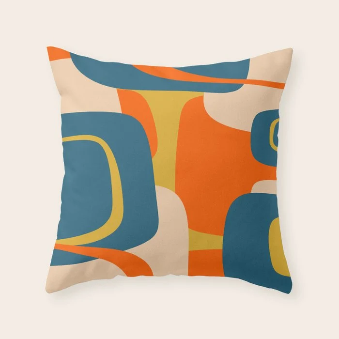 Mid Century Modern Retro Abstract Pattern Orange Blue Mustard Throw Pillow
