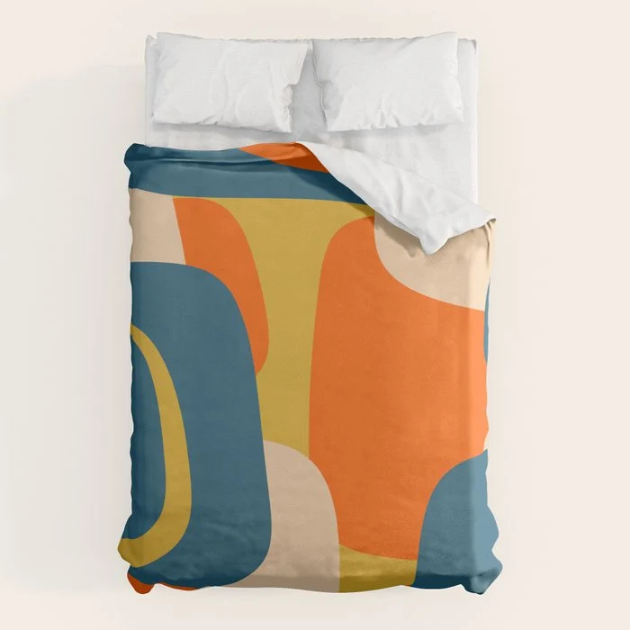 Mid Century Modern Retro Abstract Pattern Orange Blue Mustard Duvet Cover