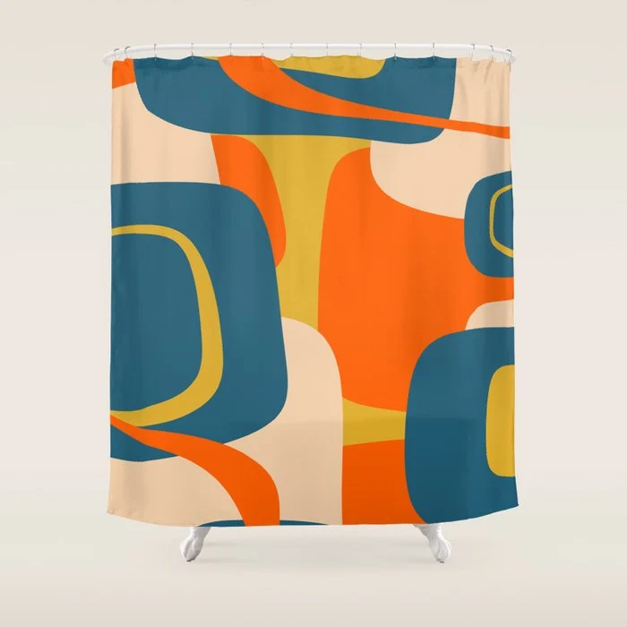 Mid Century Modern Retro Abstract Pattern Orange Blue Mustard Shower Curtain