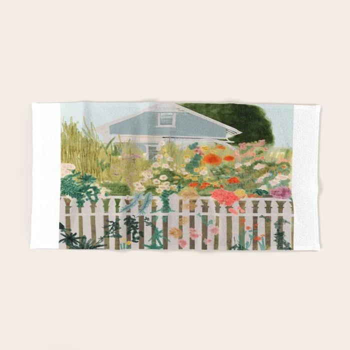 A Postcard From Cozy - mixed media Garden Illustration Bath Towel