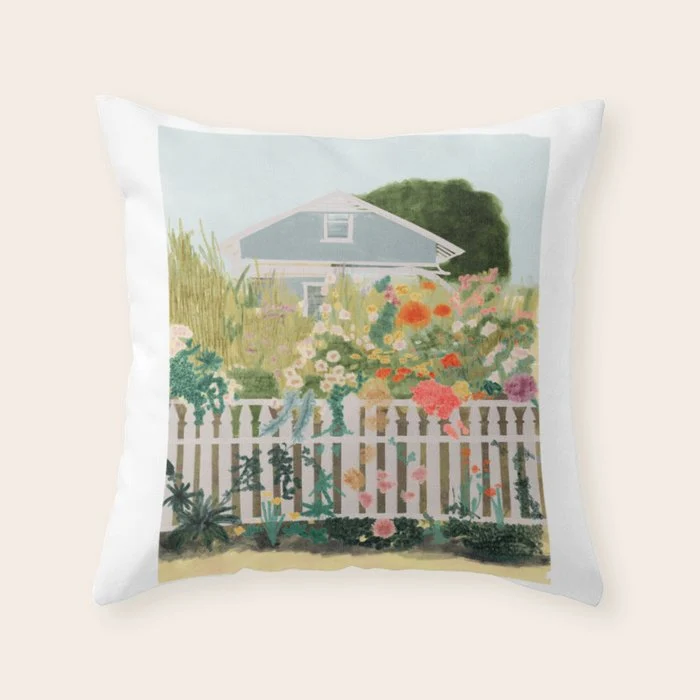 A Postcard From Cozy - mixed media Garden Illustration Throw Pillow