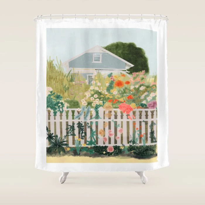 A Postcard From Cozy - mixed media Garden Illustration Shower Curtain