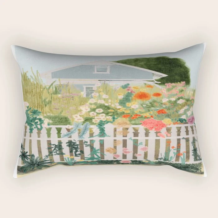 A Postcard From Cozy - mixed media Garden Illustration Rectangular Pillow