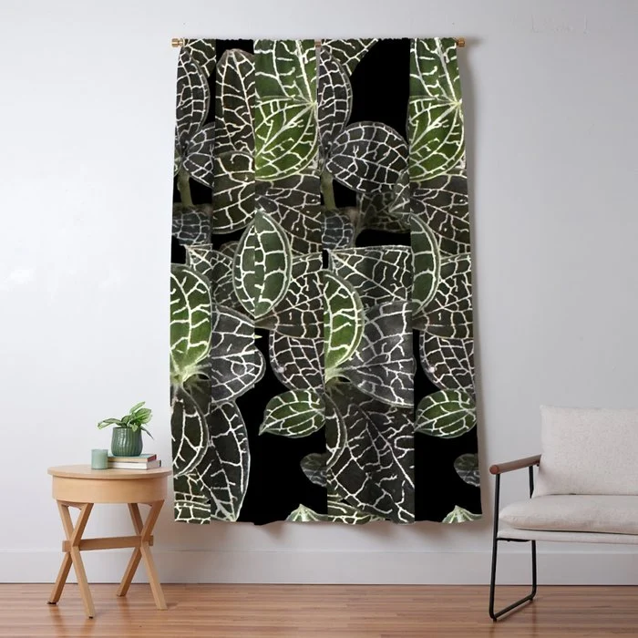 Elegant leaf skeleton foliage on black Window Curtain