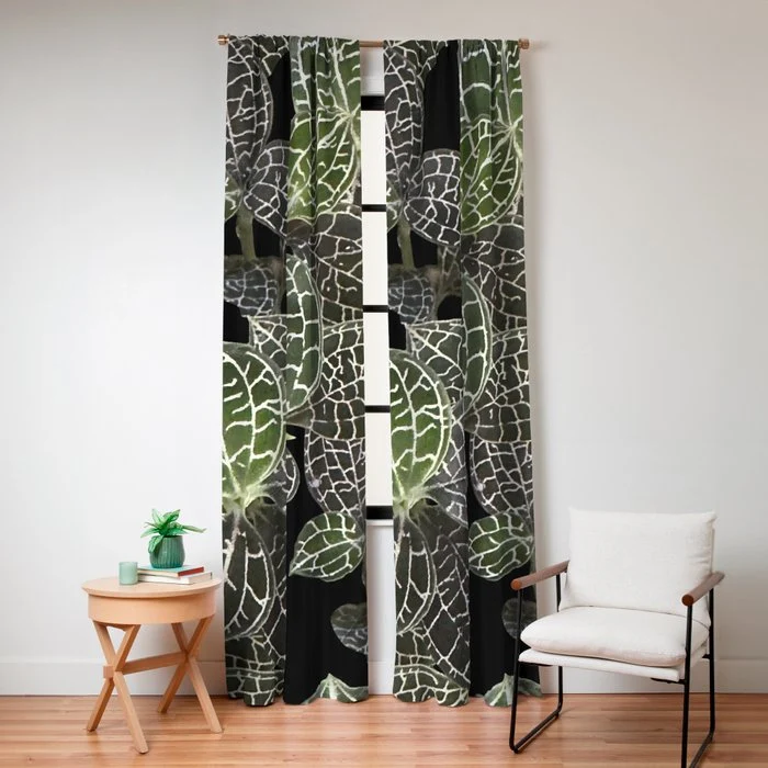Elegant leaf skeleton foliage on black Window Curtain