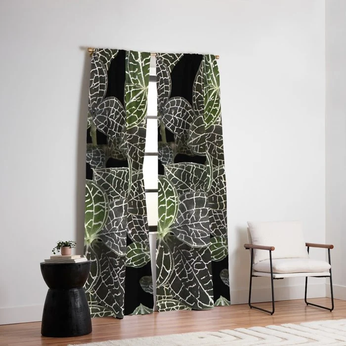 Elegant leaf skeleton foliage on black Window Curtain