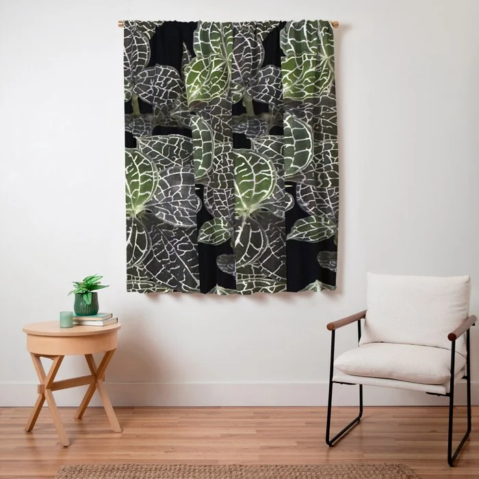 Elegant leaf skeleton foliage on black Window Curtain