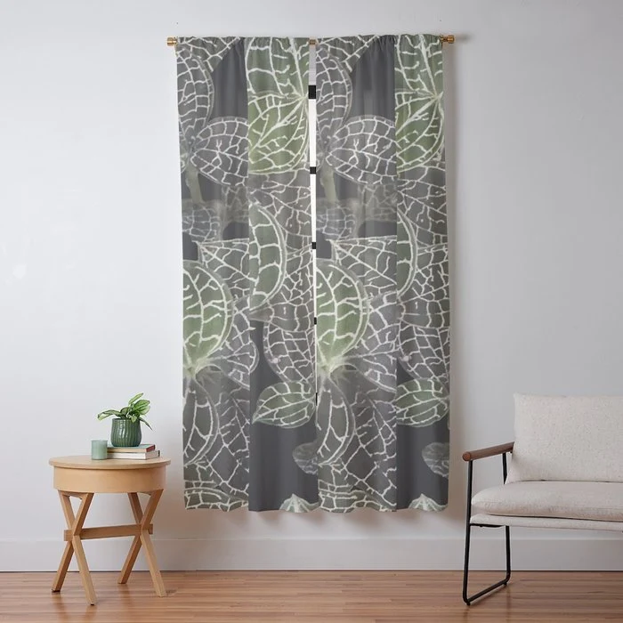 Elegant leaf skeleton foliage on black Window Curtain