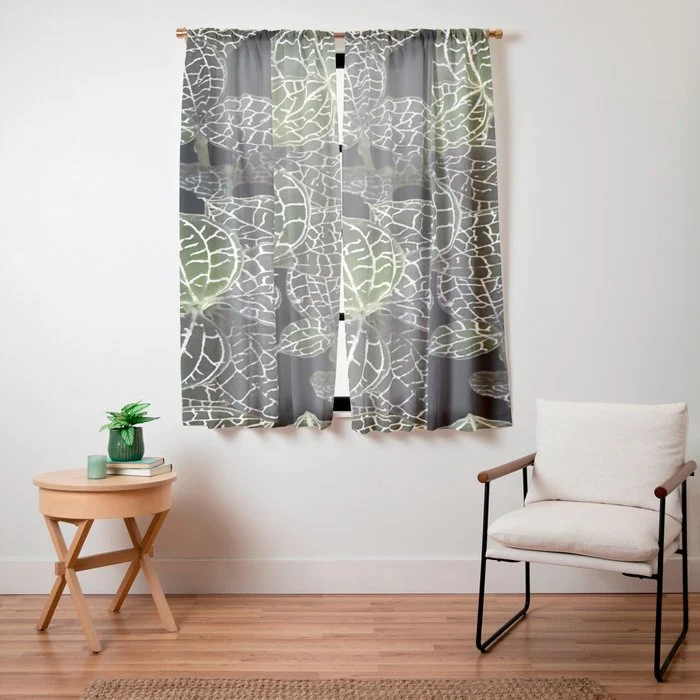 Elegant leaf skeleton foliage on black Window Curtain